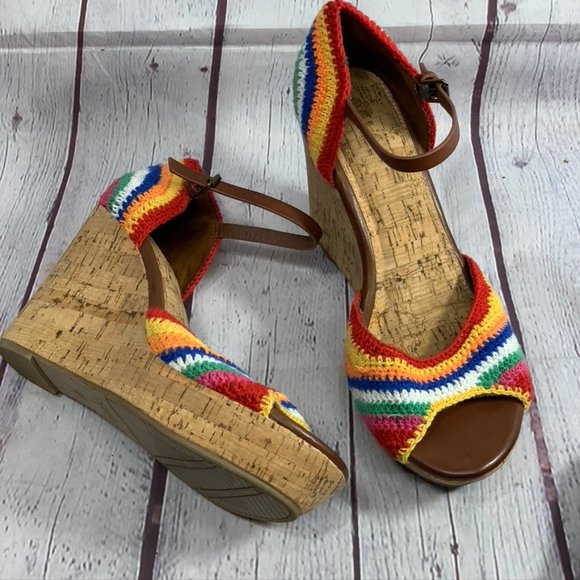 MIA Shoes - MIA Hanah Rainbow Crochet Platform Peep Toe Wedge